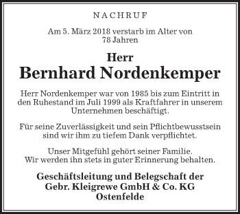 Traueranzeige von Bernhard Nordenkemper von Die Glocke