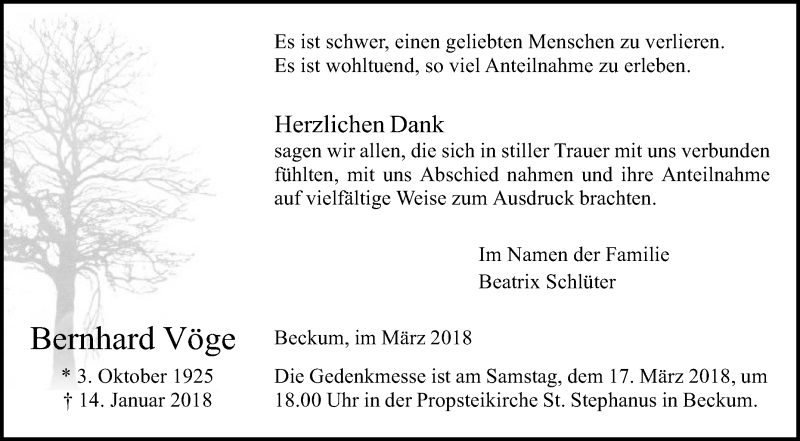  Traueranzeige für Bernhard Vöge vom 10.03.2018 aus Die Glocke