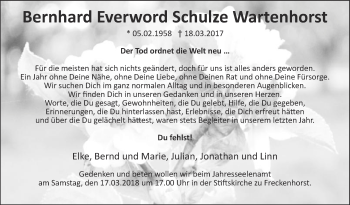 Traueranzeige von Bernhard Everword Schulze Wartenhorst von Die Glocke