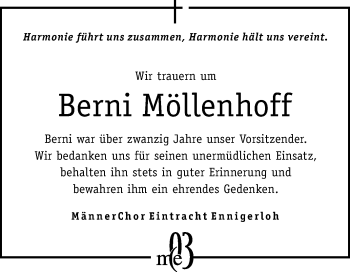 Traueranzeige von Berni Möllenhoff von Die Glocke