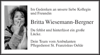 Traueranzeige von Britta Wiesemann-Bergner von Die Glocke