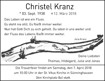 Traueranzeige von Christel Kranz von Die Glocke