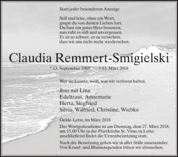 Traueranzeige von Claudia Remmert-Smigielski von Die Glocke