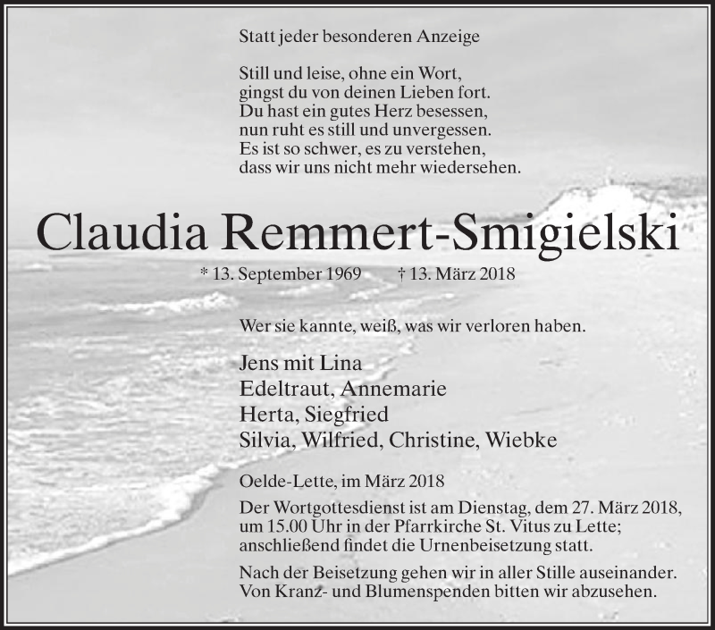  Traueranzeige für Claudia Remmert-Smigielski vom 17.03.2018 aus Die Glocke