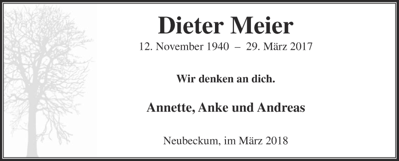  Traueranzeige für Dieter Meier vom 30.03.2018 aus Die Glocke