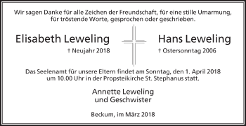 Traueranzeige von Elisabeth und Hans Leweling von Die Glocke