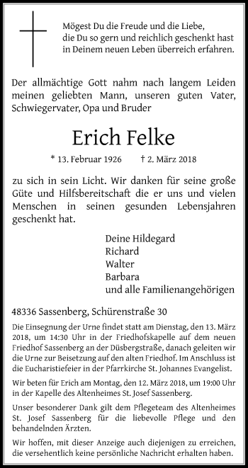 Traueranzeige von Erich Felke von Die Glocke