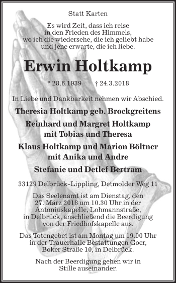 Traueranzeige von Erwin Holtkamp von Die Glocke