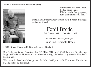 Traueranzeige von Ferdi Brede von Die Glocke