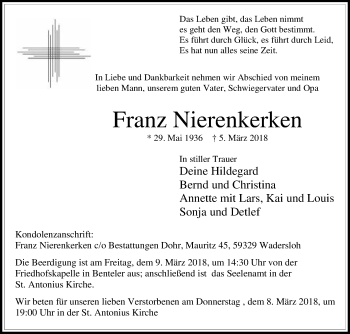 Traueranzeige von Franz Nierenkerken von Die Glocke