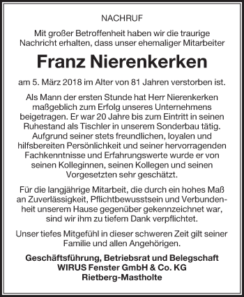 Traueranzeige von Franz Nierenkerken von Die Glocke