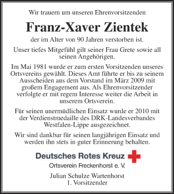 Traueranzeige von Franz-Xaver Zientek von Die Glocke