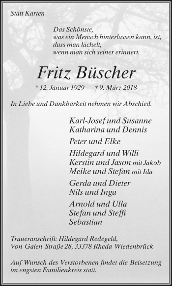 Traueranzeige von Fritz Büschen von Die Glocke