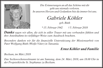 Traueranzeige von Gabriele Köhler von Die Glocke