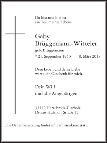 Traueranzeige von Gaby Brüggemann-Witteler von Die Glocke