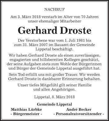 Traueranzeige von Gerhard Droste von Die Glocke