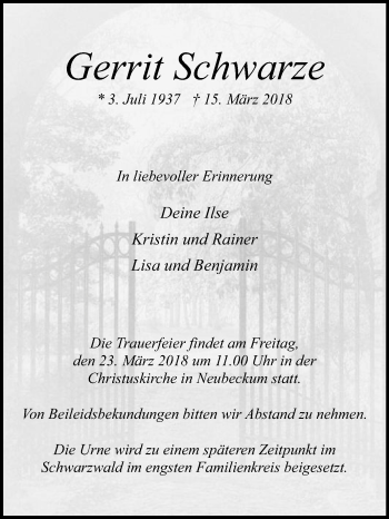 Traueranzeige von Gerrit Schwarze von Die Glocke