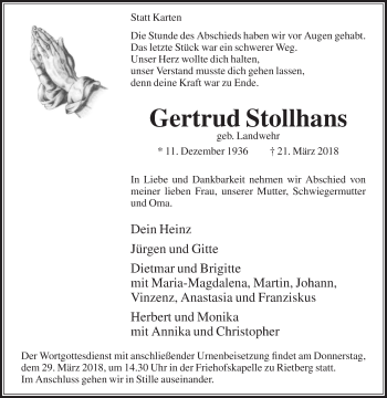 Traueranzeige von Gertrud Stollhans von Die Glocke