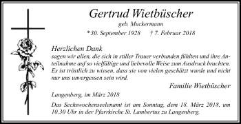 Traueranzeige von Gertrud Wietbüscher von Die Glocke