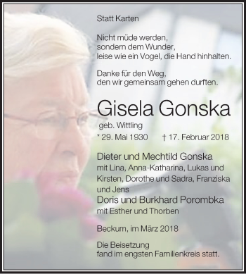 Traueranzeige von Gisela Gonska von Die Glocke