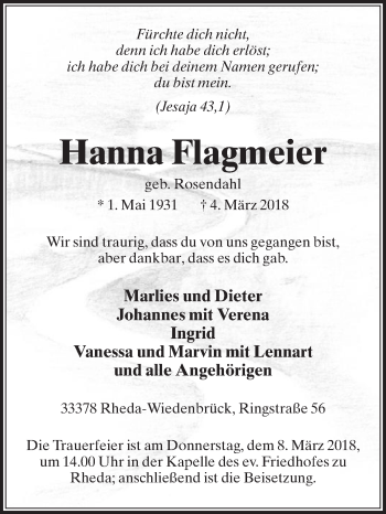 Traueranzeige von Hanna Flagmeier von Die Glocke