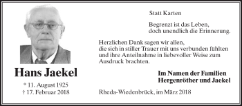 Traueranzeige von Hans Jaekel von Die Glocke