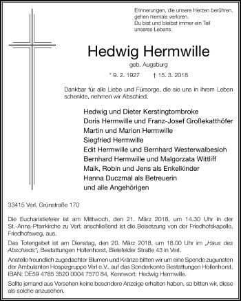Traueranzeige von Hedwig Hermwille von Die Glocke