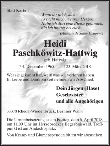 Traueranzeige von Heidi Paschköwitz-Hattwig von Die Glocke