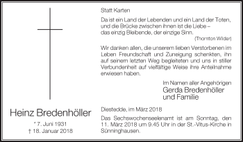 Traueranzeige von Heinz Bredenhöller von Die Glocke