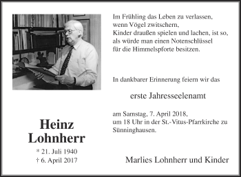 Traueranzeige von Heinz Lohnherr von Die Glocke