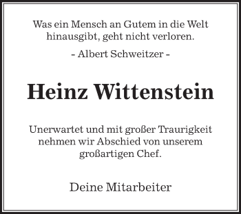 Traueranzeige von Heinz Wittenstein von Die Glocke