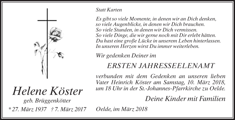  Traueranzeige für Helene Köster vom 03.03.2018 aus Die Glocke