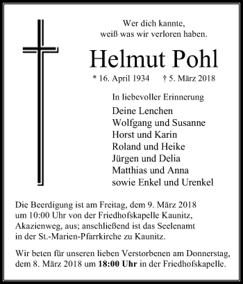 Traueranzeige von Helmut Pohl von Die Glocke