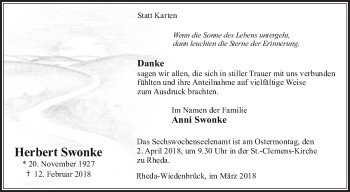 Traueranzeige von Herbert Swonke von Die Glocke