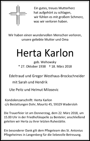 Traueranzeige von Herta Karlon von Die Glocke