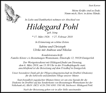Traueranzeige von Hildegard Pohl von Die Glocke