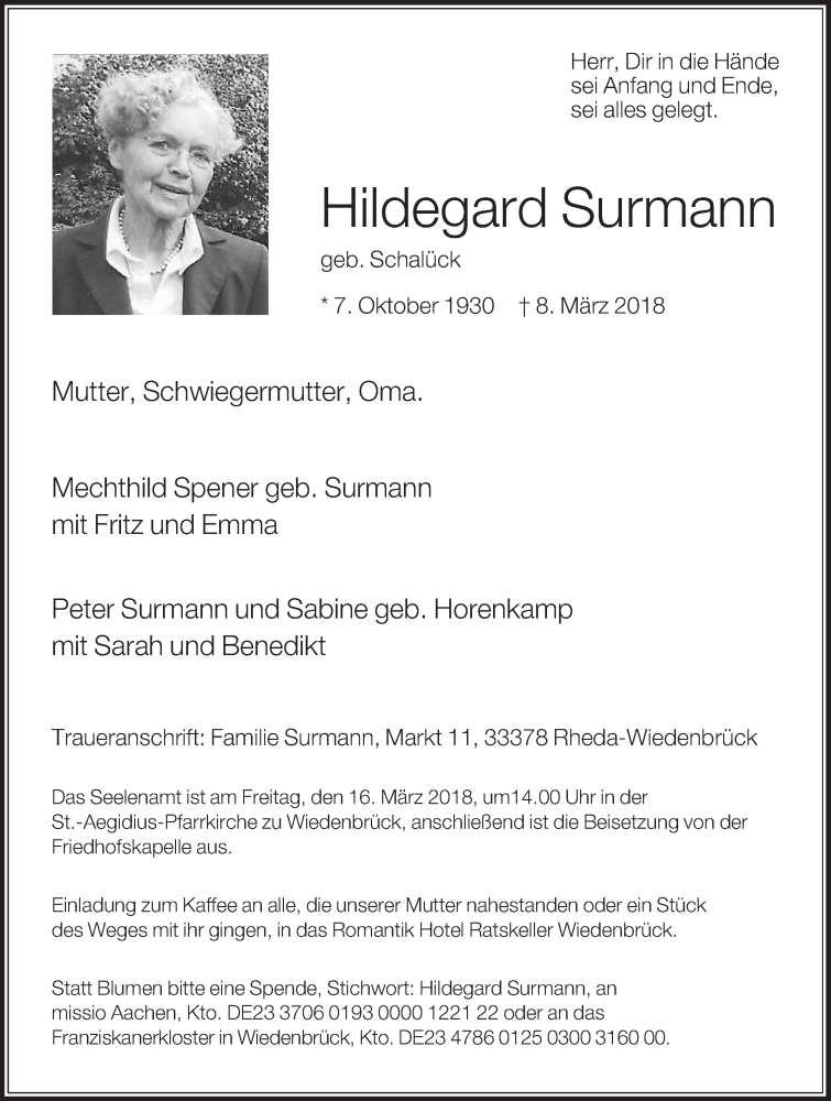  Traueranzeige für Hildegard Surmann vom 13.03.2018 aus Die Glocke