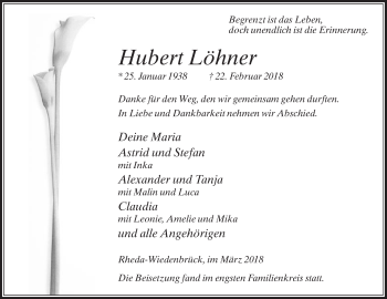 Traueranzeige von Hubert Löhner von Die Glocke