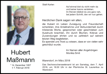 Traueranzeige von Hubert Maßmann von Die Glocke