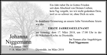 Traueranzeige von Johanna Niggemann von Die Glocke