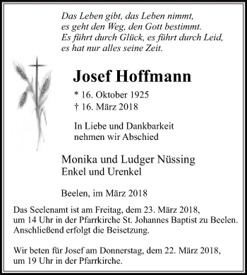 Traueranzeige von Josef Hoffmann von Die Glocke