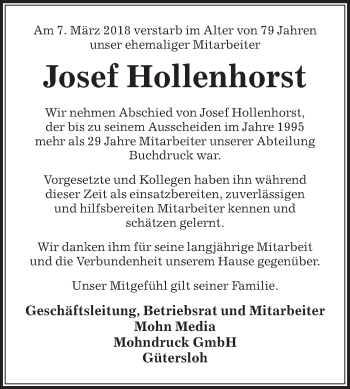 Traueranzeige von Josef Hollenhorst von Die Glocke