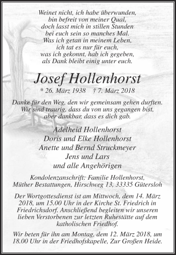 Traueranzeige von Josef Hollenhorst von Die Glocke