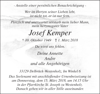 Traueranzeige von Josef Kemper von Die Glocke