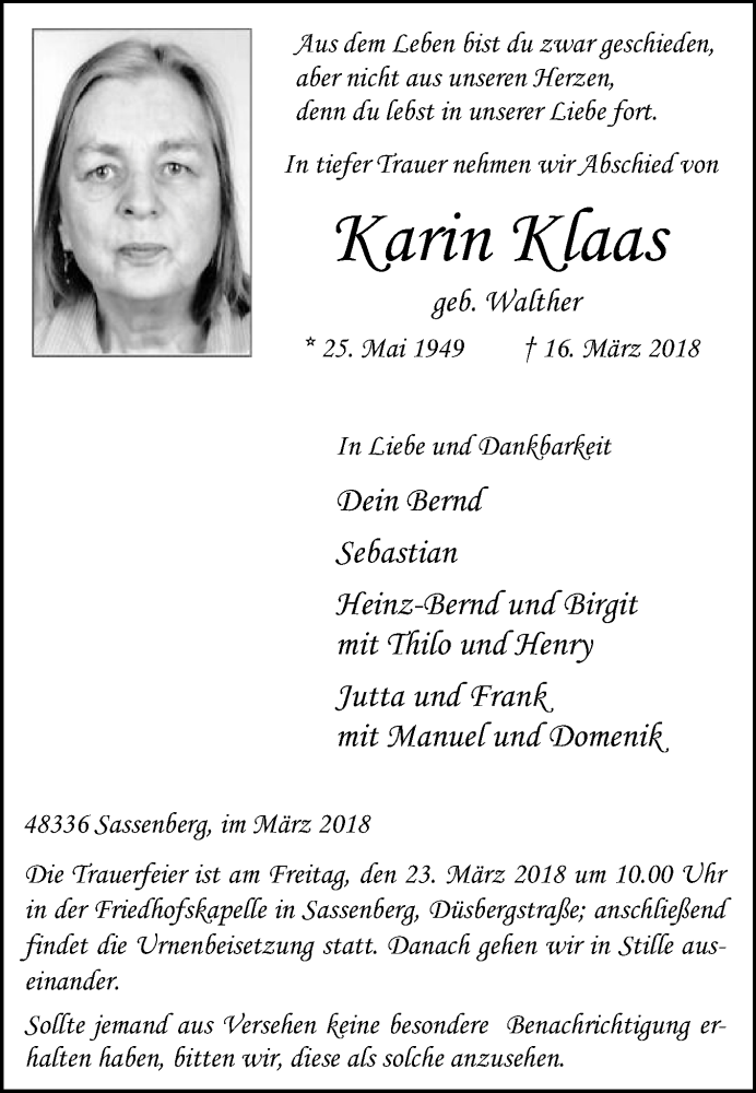  Traueranzeige für Karin Klaas vom 19.03.2018 aus Die Glocke