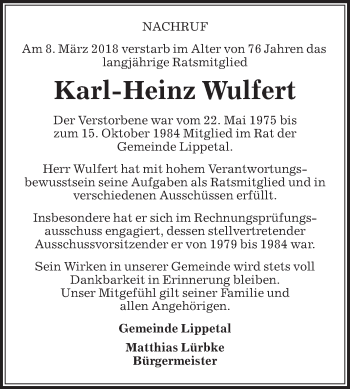 Traueranzeige von Karl-Heinz Wulfert von Die Glocke