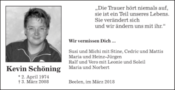 Traueranzeige von Kevin Schöning von Die Glocke