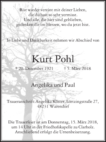 Traueranzeige von Kurt Pohl von Die Glocke