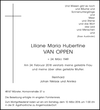 Traueranzeige von Liliane Maria Hubertine van Oppen von Die Glocke