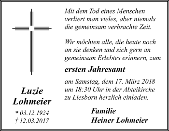 Traueranzeige von Luzie Lohmeier von Die Glocke